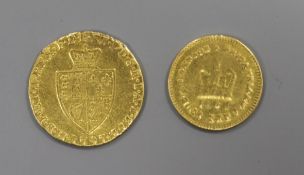 A 1797 gold spade guinea and a worn 1801? third guinea
