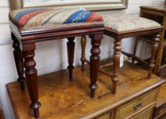 A Victorian turned rosewood dressing stool and a mahogany stool 44cm and 40cm