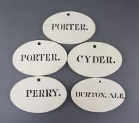 Five 19th century oval bin labels