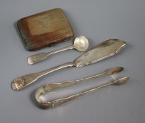 A pair of George IV Scottish silver sugar tongs, two other pieces and a George V silver cigarette