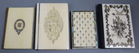 Four Victorian ivory card cases, three with inlay largest 11 x 8cm