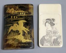 A Japanese ivory card case and a gilt lacquered tortoiseshell card case, Meiji period, decorated