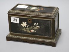 A 19th century brass and pietra dura rectangular scent casket, the interior containing three glass