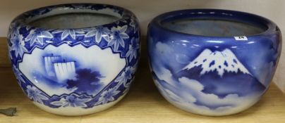 Two blue and white early 20th century Japanese jardinieres diameter 39cm