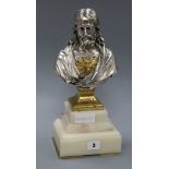 A silvered and gilded bronze bust of Christ on a marble base height 34cm