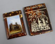 Two Victorian tortoiseshell card cases, one inlaid in ivory with Chinese figures, the other with a