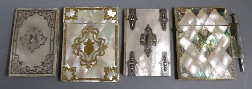 Four 19th century mother-of pearl veneered card cases, three metal mounted largest 10 x 8cm