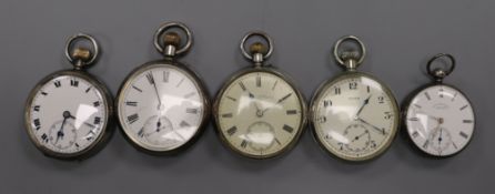 A Victorian silver keywind pocket watch by B. Marriott, four other pocket watches including three