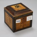 A George III mahogany, satinwood and marquetry square tea caddy, the interior with a covered