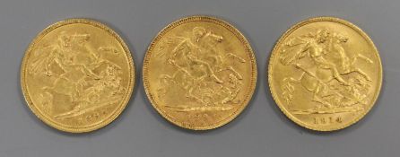 A George V 1914 half sovereign and two Victoria 1894 half sovereigns.ex Congelow House