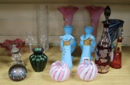 A Bohemian overlaid decanter, a small cranberry bowl, a glass walking stick and sundry glasswareex