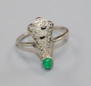 An Art Deco white metal, diamond, cabochon emerald and black onyx? dress ring (a.f.), size L.ex