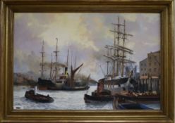 Barry Mason, oil on canvas board, shipping in harbour, signed, Omell Gallery label verso, 50 x 75cm