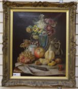 Sopon (?)oil on canvasstill life of fruit, flowers, a coffee pot and cup and a pocket knife on a