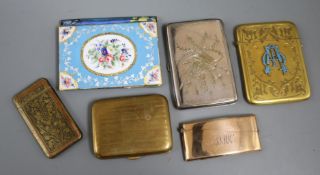A 19th century enamel and gilt metal card case and five plated metal card cases largest 11 x 8.5cm