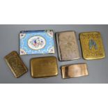 A 19th century enamel and gilt metal card case and five plated metal card cases largest 11 x 8.5cm