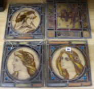 Four Victorian square shaped leaded stained glass panels, three decorated with ladies, the other a