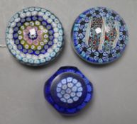 Three millefiore glass paperweights