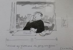 A 1970's pen and ink original caricature, 'Unload my Victoriana. I am going into Rococo', 27 x