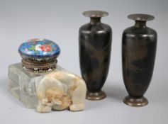 A Chinese carved jade elephant, Ming dynasty, Japanese cloisonne topped glass inkwell and two