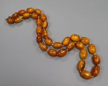 A single strand graduated amber bead necklace, gross weight 62 grams, 62cm.