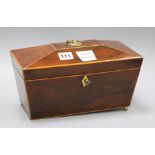 A Victorian inlaid mahogany sarcophagus shaped tea caddy length 28cm, missing one footex Congelow