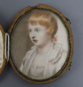 A George III red leather cased oil on ivory miniature with paper label inscribed 'Maria Woodhouse