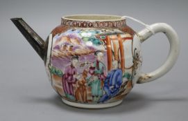 An 18th century Chinese famille rose teapot, with white metal spout height 9cm (lacking lid)