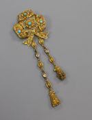 A Victorian filigree yellow metal and turquoise mounted tassel drop brooch, 9cm.