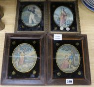 Two pairs of Regency eglomise framed prints, largest overall 25 x 20cm (a.f.)ex Congelow House