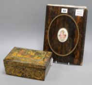 A Regency chinoiserie decorated penwork box and a Victorian coromandel, brass and porcelain