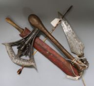 A wood and iron ceremonial axe, possibly Songye, a leaf-shaped tribal dagger and two other items,