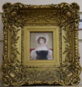 19th century English School, oil on ivory, miniature portrait of a lady wearing a black dress, 10