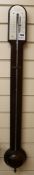 A late 18th century mahogany stick barometer, with arched silvered scale signed J. Leroux, Charing