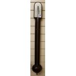 A late 18th century mahogany stick barometer, with arched silvered scale signed J. Leroux, Charing