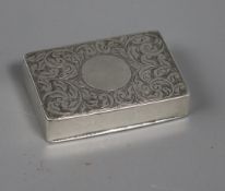A late Victorian engraved silver snuff box by George Unite, Chester 1898, 48mm.