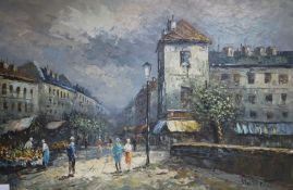 Burnette, oil on canvas, French Street scene, signed, 60 x 90cm, unframed