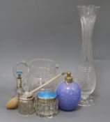 A collection of silver-mounted glassware and other items, including a cut glass hair tidy with