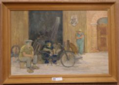 Audrey Lanceman, oil on board, Aldos repair shop, signed, 50 x 74cm