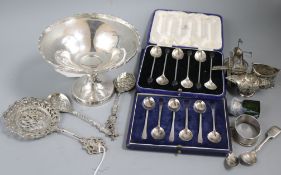 A silver presentation footed bowl and sundry small silver, white metal and plated items, including a