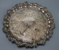 A pair of silver knife rests and an engraved plated tray with acanthus edge and presentation