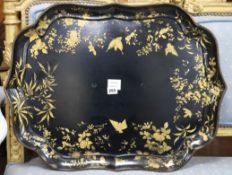 A Victorian papier mache rectangular tray, stamped Jennens & Bettridge, painted in shades of gold