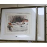 L. Calbet, pair of colour prints, sleeping nudes, signed in the plate, 29 x 36cm