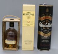Three bottles of Whiskey Glenfiddich Special Reserve (1 ltr), The Glenlivet and The Glenrothes