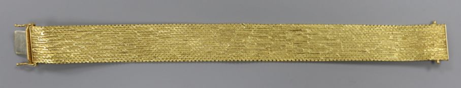 A 1960's 18ct gold milanese gold bracelet, 18cm.ex Congelow House