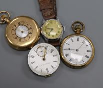 Two gold plated pocket watches, a pocket watch movement and a wrist watch.
