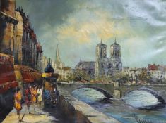 French School, oil on canvas, View of Notre Dame from t the banks of The Seine, indistinctly signed,