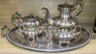 A Victorian four piece plated teaset and tray