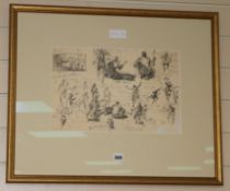 Terence Cuneo, pencil drawing, Sketches of Zulu dancers, inscribed by the artist, 25 x 38cm