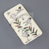 A Japanese shibayama style ivory card case, Meiji period, overlaid with an owl seated on a prunus